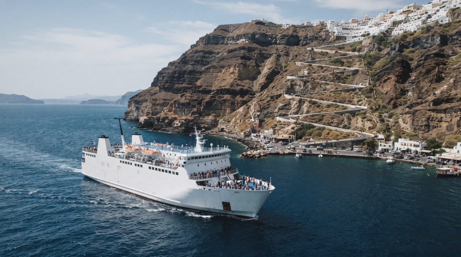A large white car ferry approaching the cliffs of Athinios port at 14:00, athens to santorini, Santorini Greece