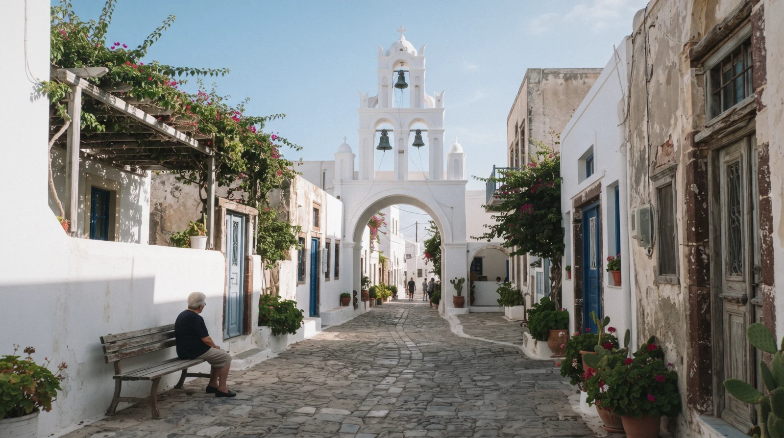 The small central square of Megalochori at 10:00, megalochori, Santorini Greece