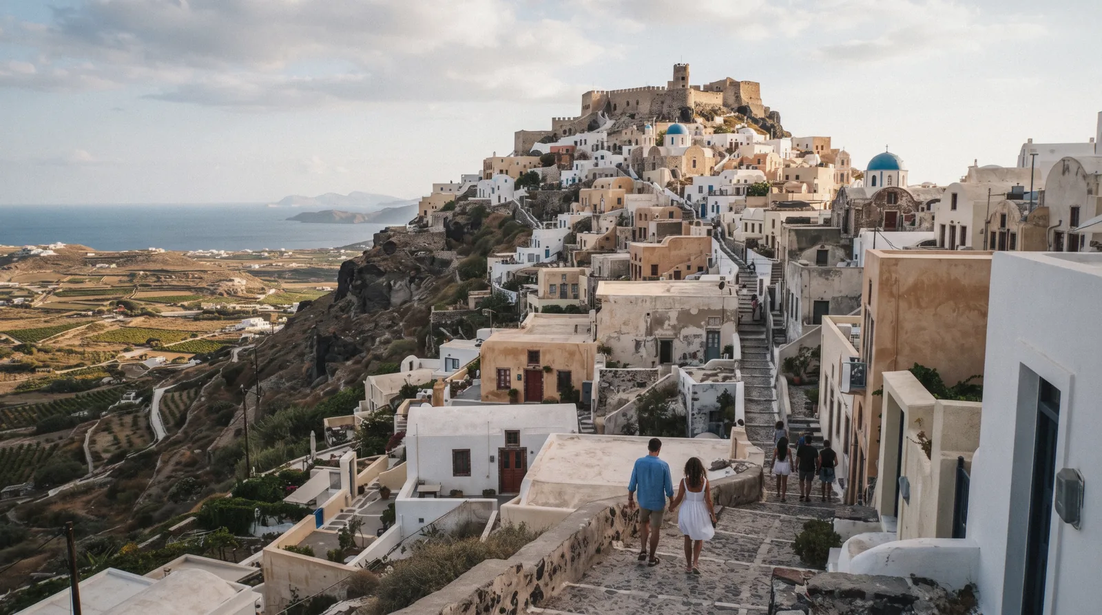 Pyrgos village climbing its hill at 18:00, pyrgos santorini, Santorini Greece