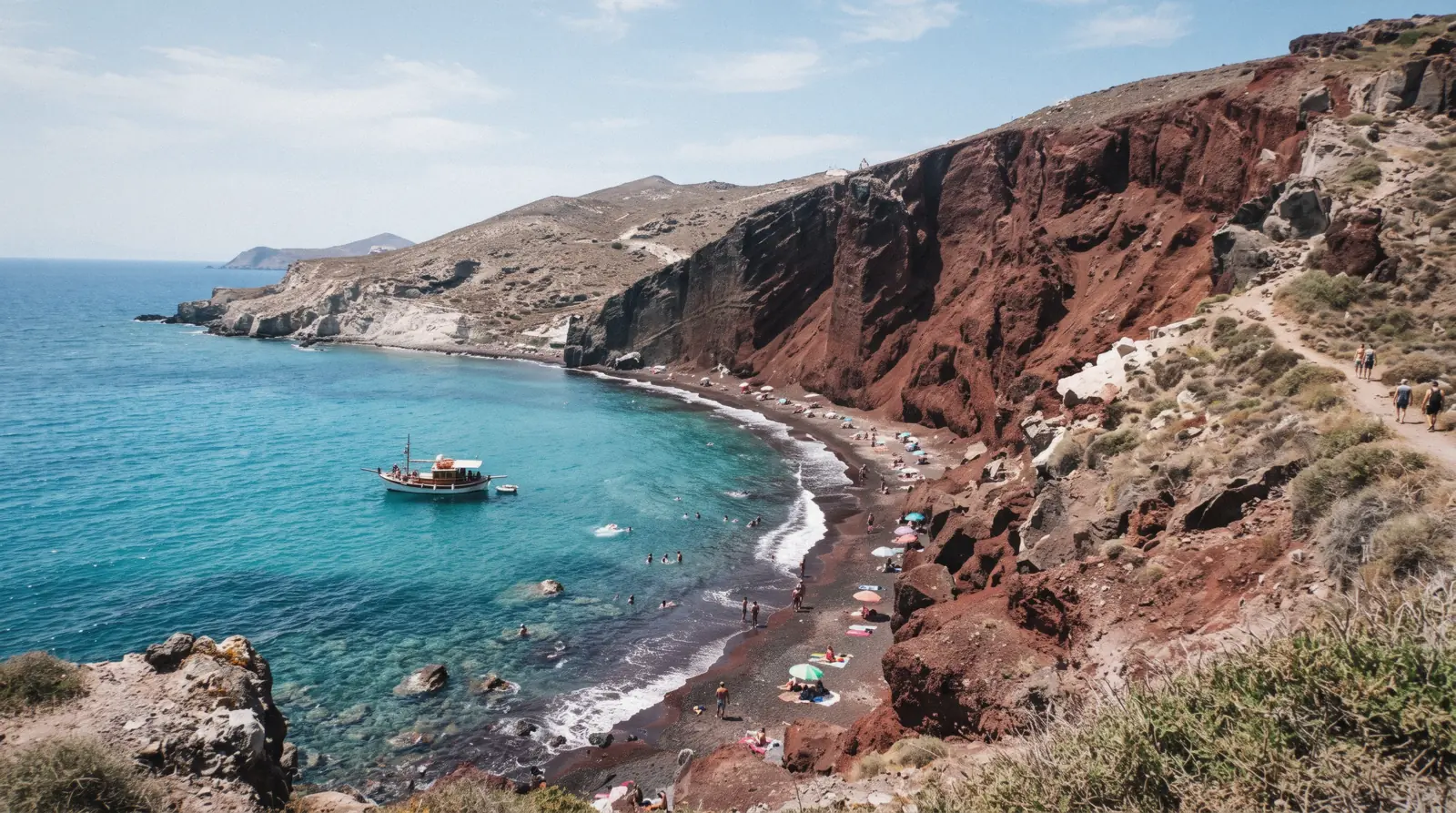 Red Beach at Akrotiri seen from the clifftop viewpoint at 11:00, red beach santorini, Santorini Greece