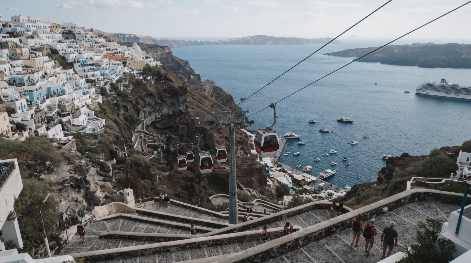 The Fira cable car cabins on their cables descending the cliff to the Old Port at 16:00, santorini cable car, Santorini Greece
