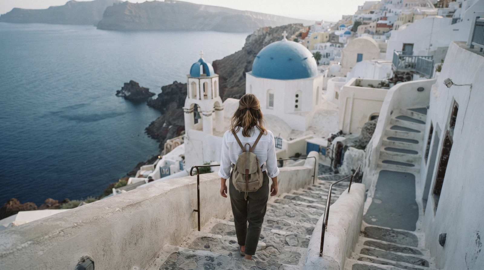 A traveller seen from behind on the stairs of Oia at 08:15, santorini in 1 day, Santorini Greece