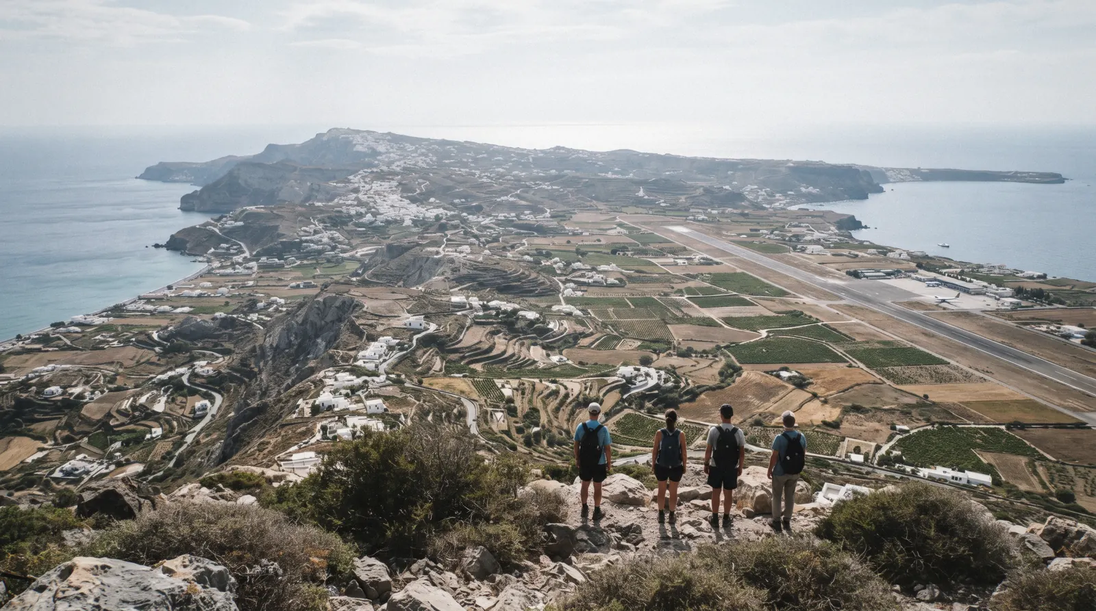 An elevated view over the south of the island from Profitis Ilias at 10:00, santorini map, Santorini Greece