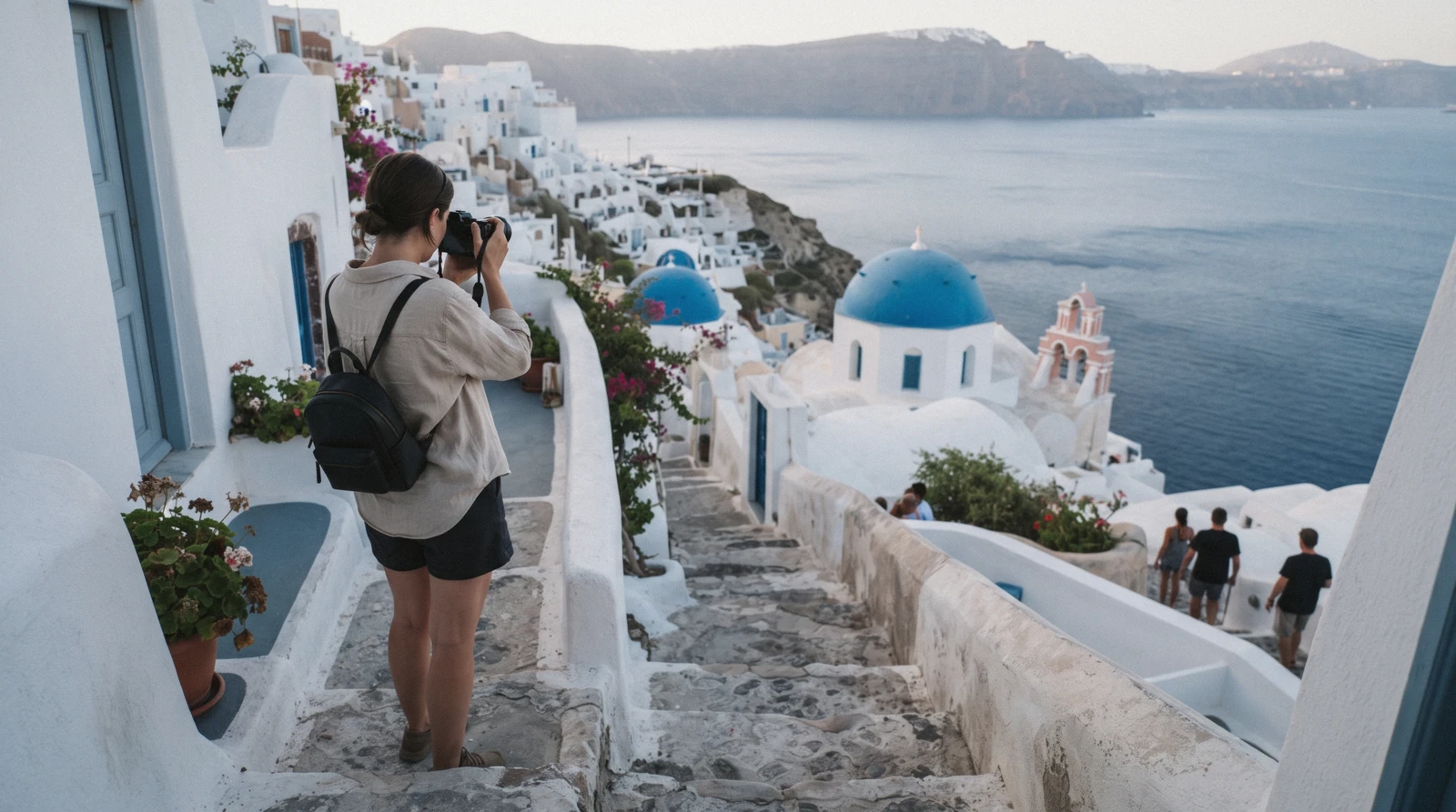 A photographer seen from behind framing a shot on a whitewashed stairway in Oia at 07:00, santorini photoshoot, Santorini Greece