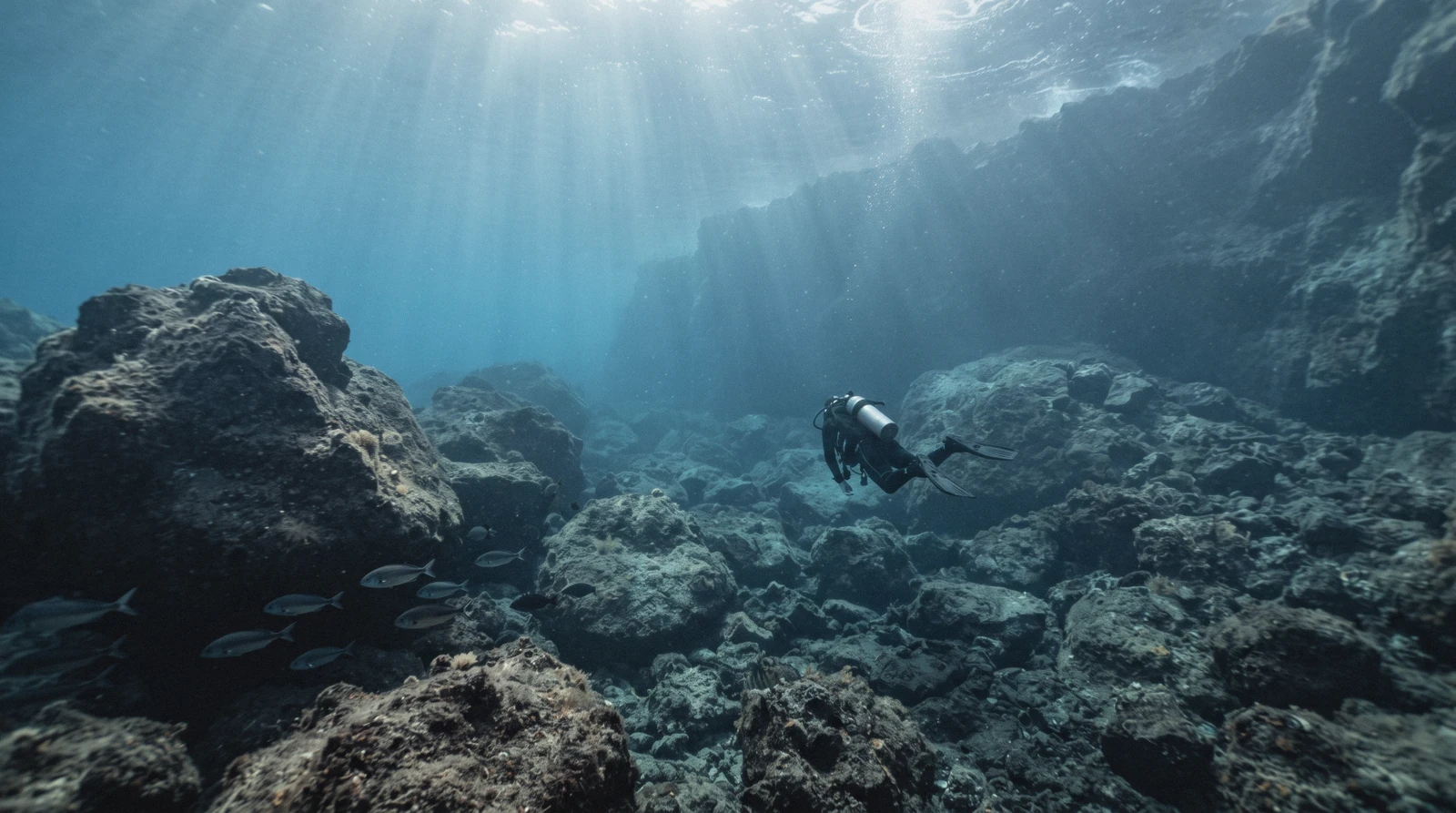 A diver over dark volcanic rock and boulders in clear blue water near the caldera wall, santorini scuba diving, Santorini Greece