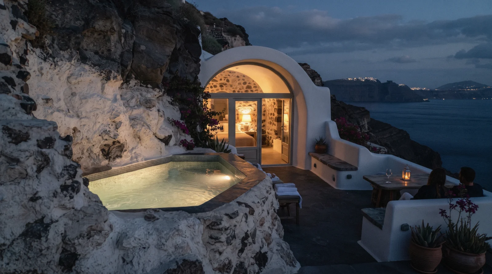 A private cave villa terrace with a small heated plunge pool carved into the cliff at Imerovigli at dusk, santorini villas, Santorini Greece