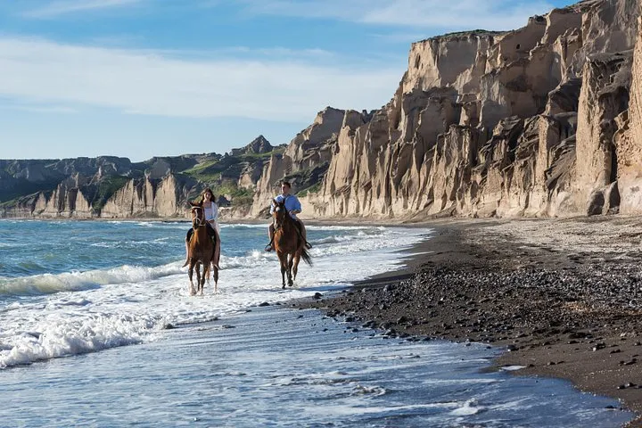 Horses on the black sand shoreline on a Santorini horse riding tour, Santorini Greece