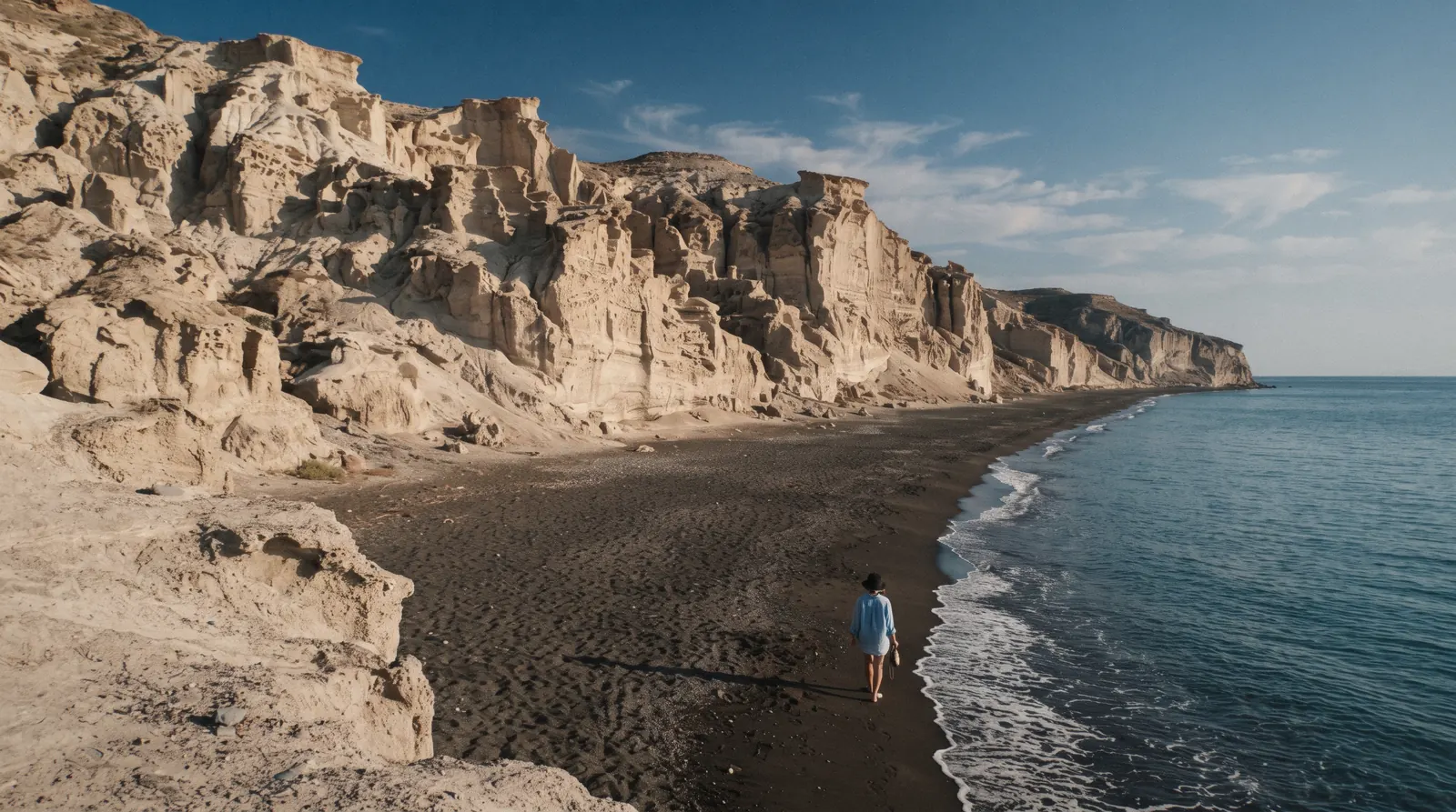 The wind-carved pale pumice cliffs above Vlychada beach in the afternoon, vlychada beach, Santorini Greece